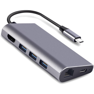 USB-хаб Dynamode USB3.1 Type-C to HDMI + 3хUSB3.0 + Gigabit LAN + USB Type-C Charging + SD/MicroSD до 4K HD 3840x2160 (Dock-USB-TypeC-HDMI-USB3.0-RJ45) ТОП в Полтаві