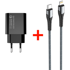 Мережевий зарядний пристрій СolorWay Power Delivery USB Type-C (20W) V2 + Кабель Type-C-Apple Lightning (PD 30W) 3.0А 1 м (CW-CHS026PD-BK/CBPDCL033-GR) в Полтаві