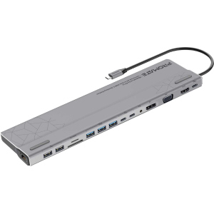 Док-станція 15-в-1 Promate BaseLink-Pro USB-C PD/HDMI/VGA/DisplayPort/3xUSB 3.1/2xUSB-C 3.1/2xUSB 2.0/RJ45/SD/MicroSD/AUX 3.5 mm Gray (baselink-pro.black) в Полтаві