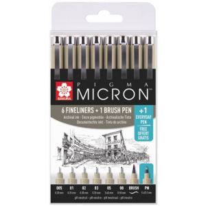 Набір лінерів Sakura Pigma Micron 6 шт 1 лінер-пензель Pigma Brush + Pigma Micron PN в подарунок в Полтаві