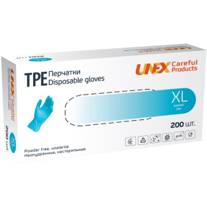 Перчатки одноразовые нестерильные, неопудренные TPE Unex Medical Products размер XL 200 шт. — 100 пар Голубые (77-48-1) надежный