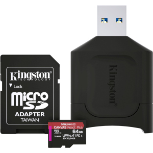 Kingston MicroSDXC 64GB Canvas React Plus Class 10 UHS-II U3 ​​​​V90 A1 + SD-адаптер + USB-кардрідер (MLPMR2/64GB) ТОП в Полтаві