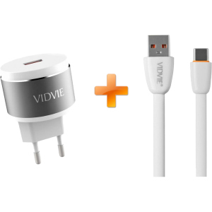 Сетевое зарядное устройство Vidvie PLE211Q 1USB 1.5A + USB Type-C cable White-Silver (6970280941444)