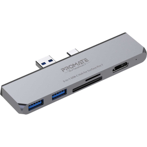 USB-C хаб 6-в-1 Promate SurfaceHub-7 HDMI/2xUSB 3.1/USB-C 3.1/SD/MicroSD Grey (surfacehub-7.grey) надежный