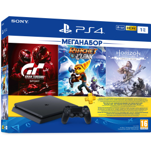 Игровая приставка PlayStation 4 1ТБ Black в комплекте с 3 играми и подпиской PS Plus (Ratchet & Clank + Horizon Zero Dawn + Gran Turismo Sport + PS Plus 3 месяца) надежный