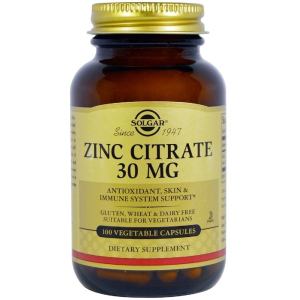 Цинк Solgar Цитрат, 30 мг, Zinc Citrate, 100 вегетарианских капсул (33984036703) лучшая модель в Полтаве