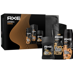 Подарунковий набір AXE Leather and Cookies Гель для душу 250 мл + Аерозоль 150 мл + Дезодорант-олівець 50 мл + Косметичка (8720182991218) краща модель в Полтаві