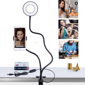 Тримач гнучкий UKC для смартфона штатив PLUS LED підсвічуванням кільце на прищіпці для трансляцій блогера Professional Live Stream Black ТОП в Полтаві